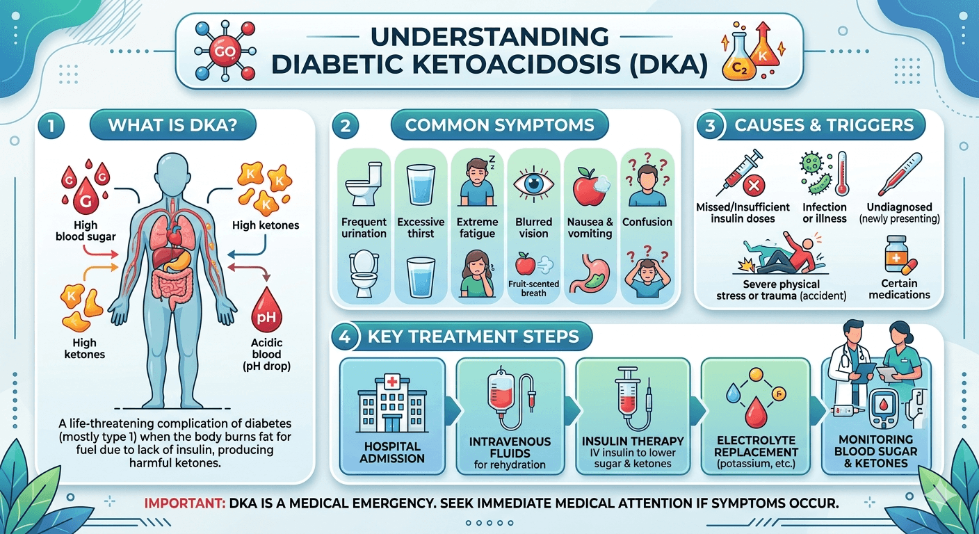 Understanding diabetic ketoacidosis its causes, common symptoms, key treatment steps.