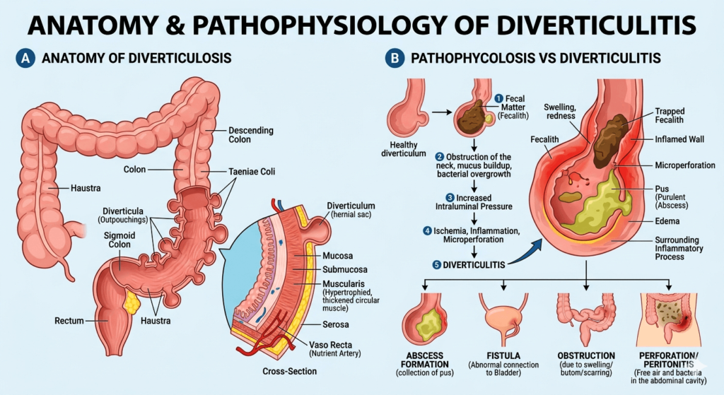 Anatomy and pathophysiology of diverticulitis